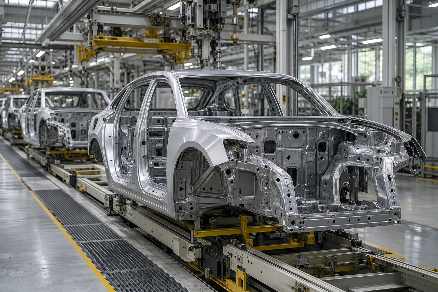 Lini perakitan bodi mobil, ilustrasi industri yang dihasilkan AI