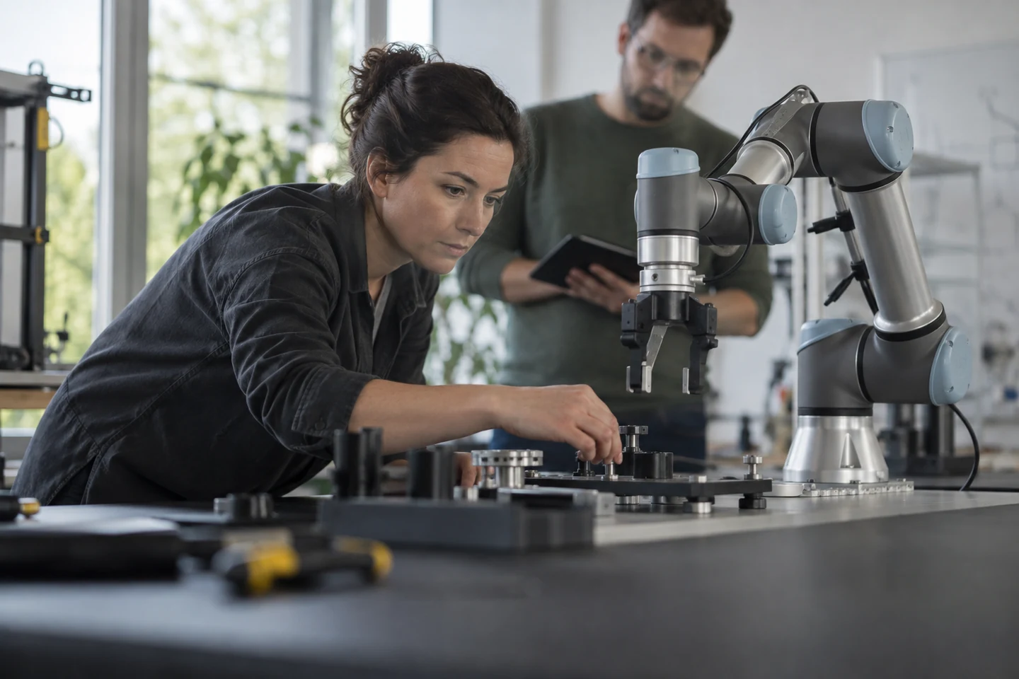 Insinyur R&D robotika menyetel lengan robot kolaboratif di laboratorium, ilustrasi skenario yang dihasilkan AI
