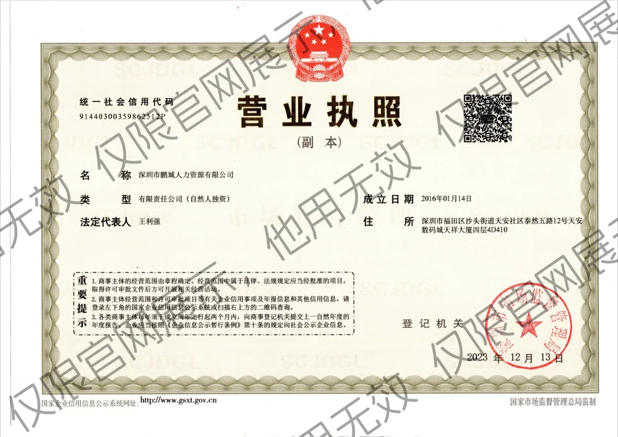 深圳市鹏城人力资源有限公司 Izin usaha